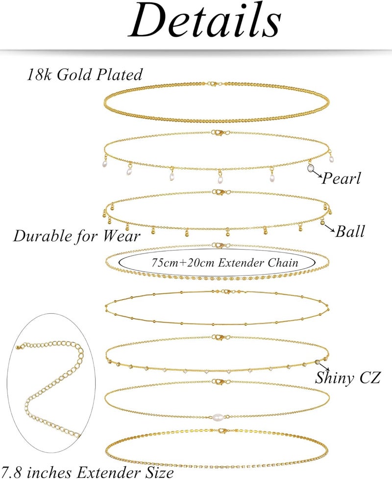 Tornito 8Pcs Waist Belly Chain CZ Heart Pearl Snake Bead Sequin Paperclip Belly Chain Summer Beach Sexy Body Chains Jewelry Accessories for Women Adjustable - Image 3